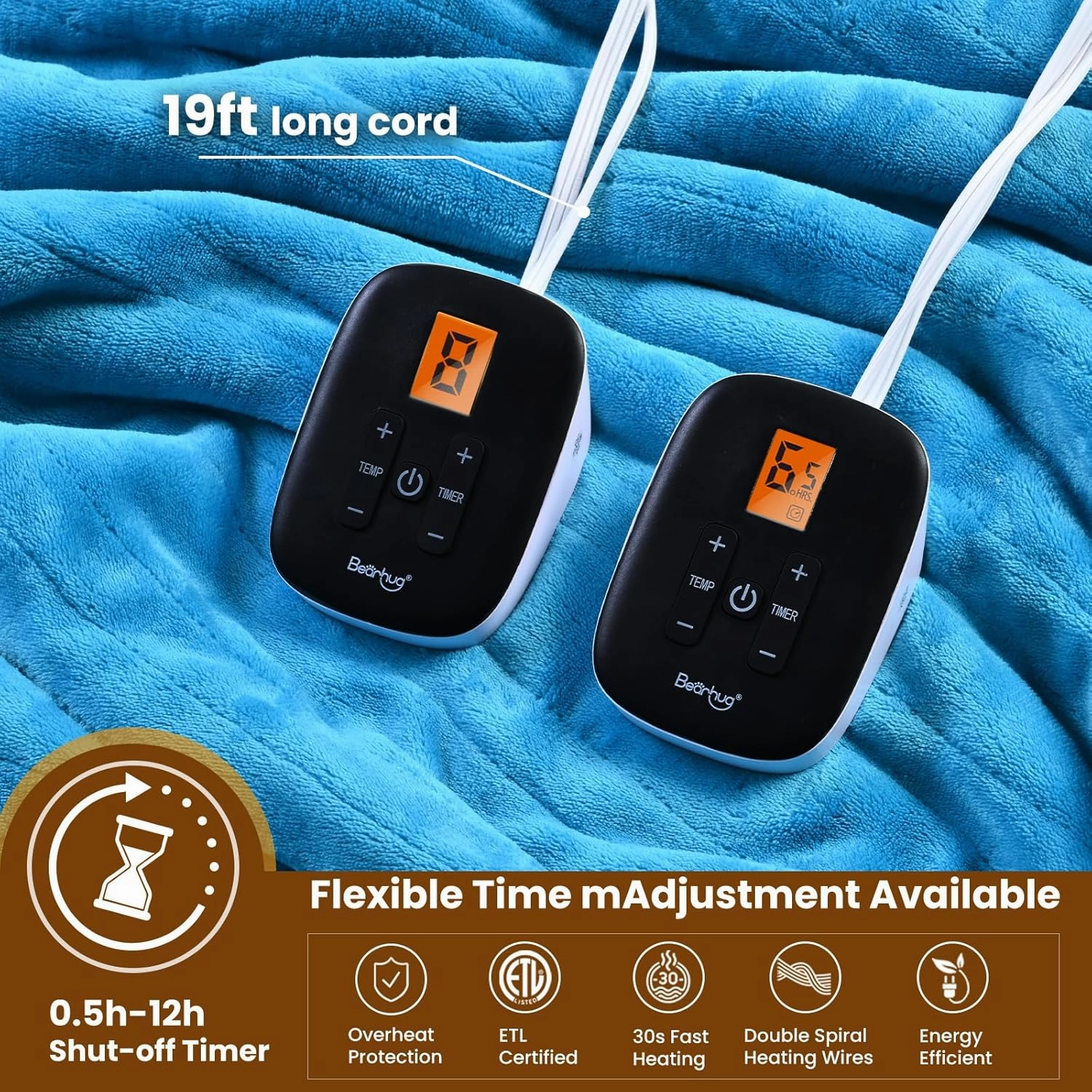 Bearhug Heated Blanket Queen Size 84" × 90", Dual Controller Electric Blanket, Velvet & Sherpa Heating Blanket, 10-Heating Level & 0.5-12H Auto Off, Over-Heat Protect, ETL, Machine Washable-Teal