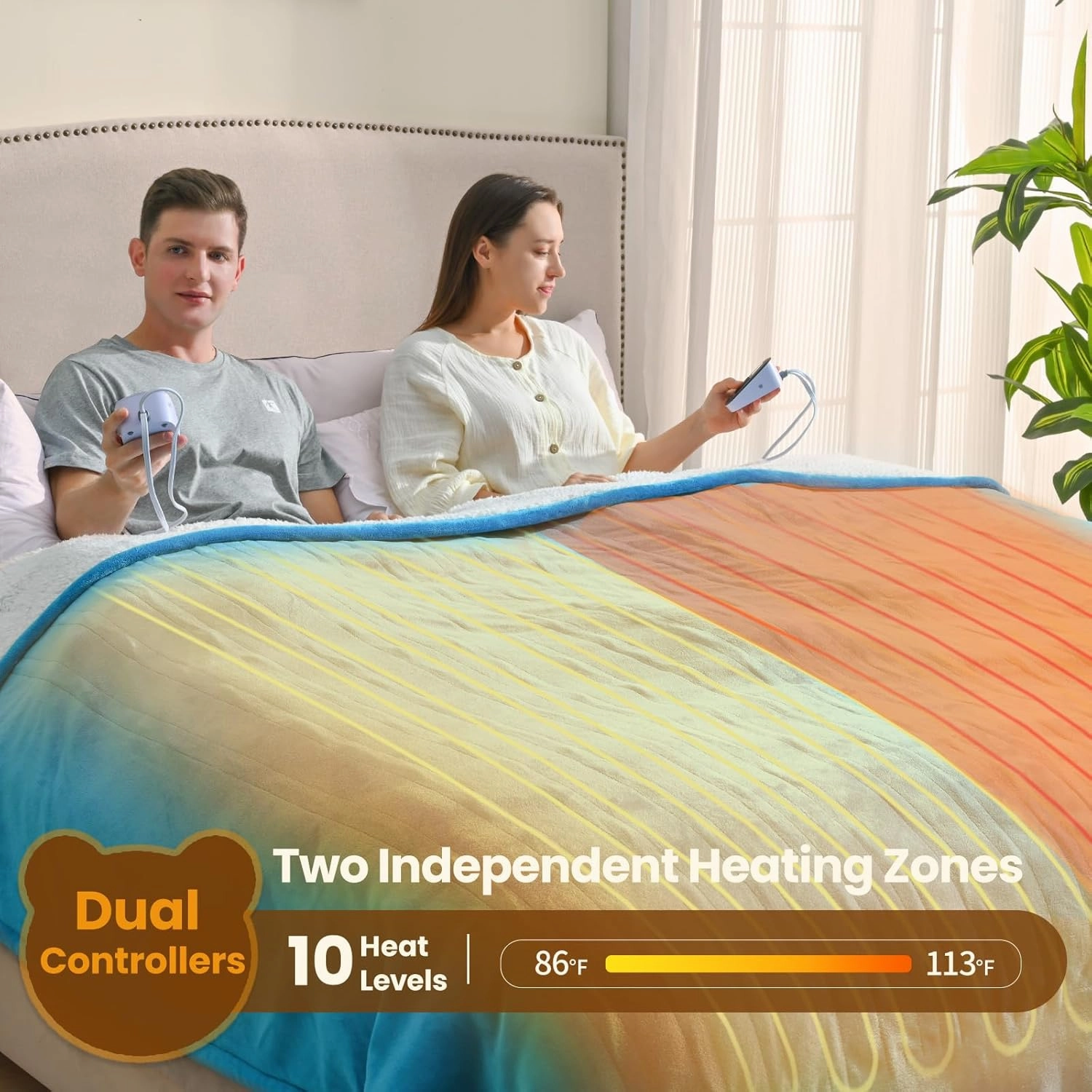 Bearhug Heated Blanket Queen Size 84" × 90", Dual Controller Electric Blanket, Velvet & Sherpa Heating Blanket, 10-Heating Level & 0.5-12H Auto Off, Over-Heat Protect, ETL, Machine Washable-Teal