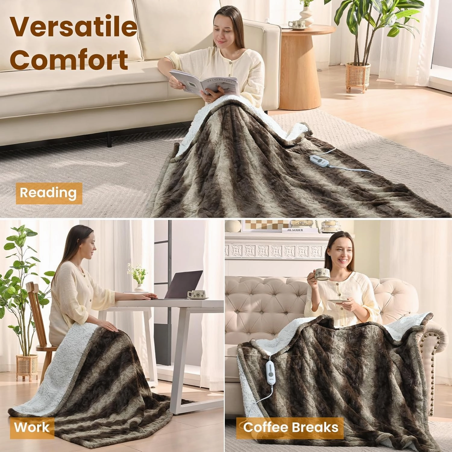 Bearhug Heated Blanket Throw Size 50" x 60" Single Controller, Faux Fur & Sherpa Electric Blanket, 4 Heating Levels & 4H Auto Off, Over-Heat Protect, ETL Certification, Machine Washable-Chocolate