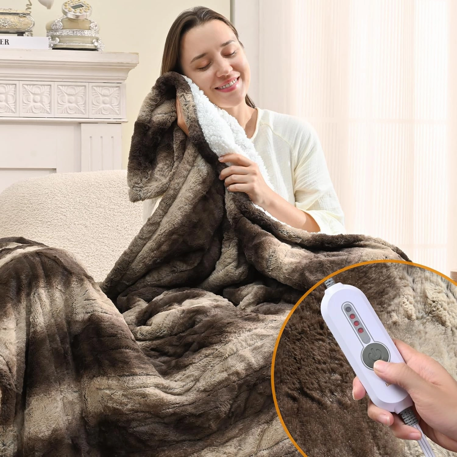 Bearhug Heated Blanket Throw Size 50" x 60" Single Controller, Faux Fur & Sherpa Electric Blanket, 4 Heating Levels & 4H Auto Off, Over-Heat Protect, ETL Certification, Machine Washable-Chocolate