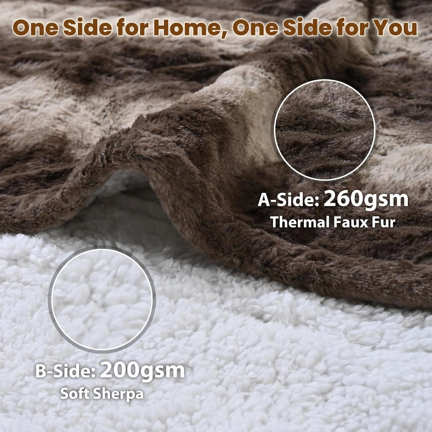 Bearhug Heated Blanket Throw Size 50" x 60" Single Controller, Faux Fur & Sherpa Electric Blanket, 4 Heating Levels & 4H Auto Off, Over-Heat Protect, ETL Certification, Machine Washable-Chocolate