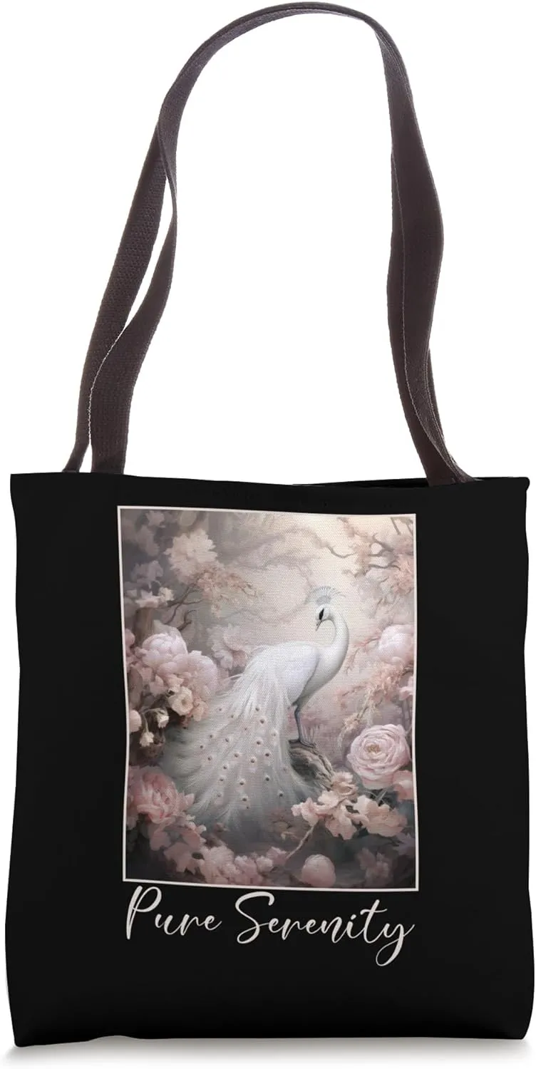 Beautiful White Peacock & Pink Flowers in Pure Serenity Tote Bag