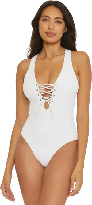 BECCA Women's Modern Edge One Piece Swimsuit, Plunge Neck, Criss Cross, Bathing Suits