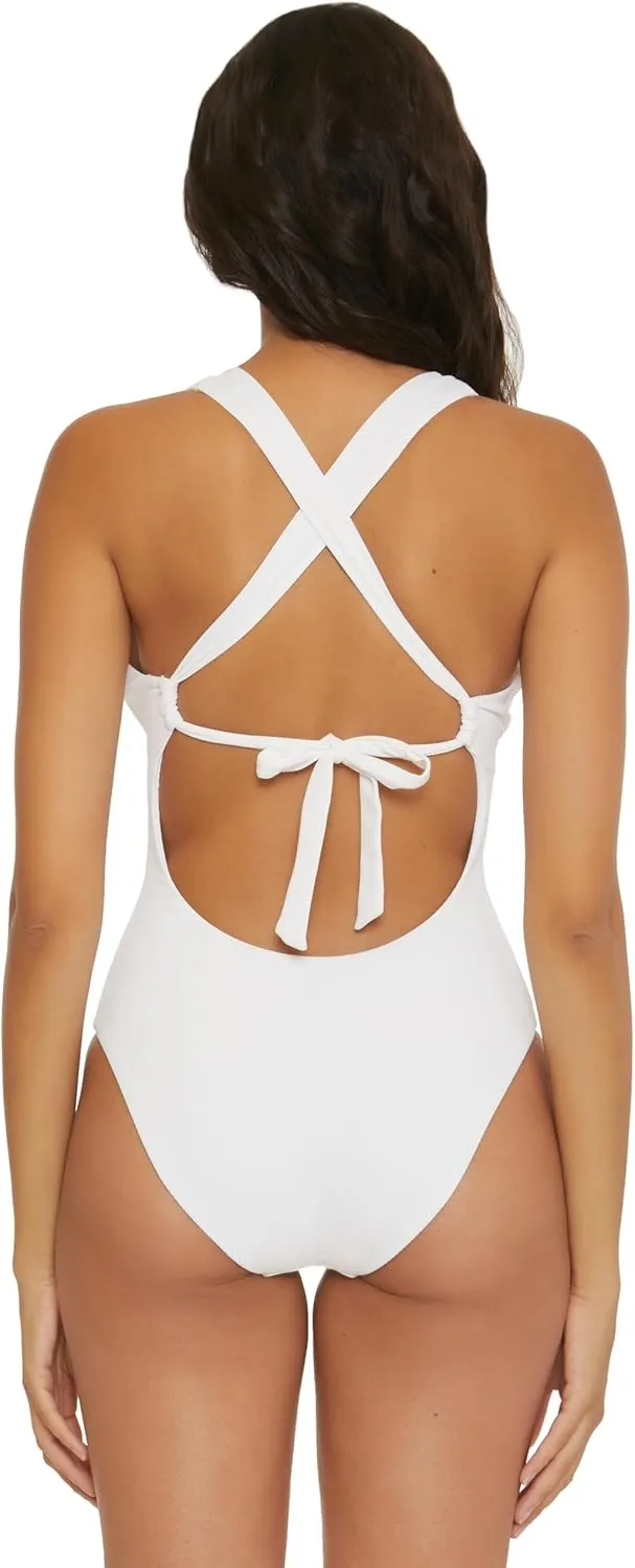 BECCA Women's Modern Edge One Piece Swimsuit, Plunge Neck, Criss Cross, Bathing Suits