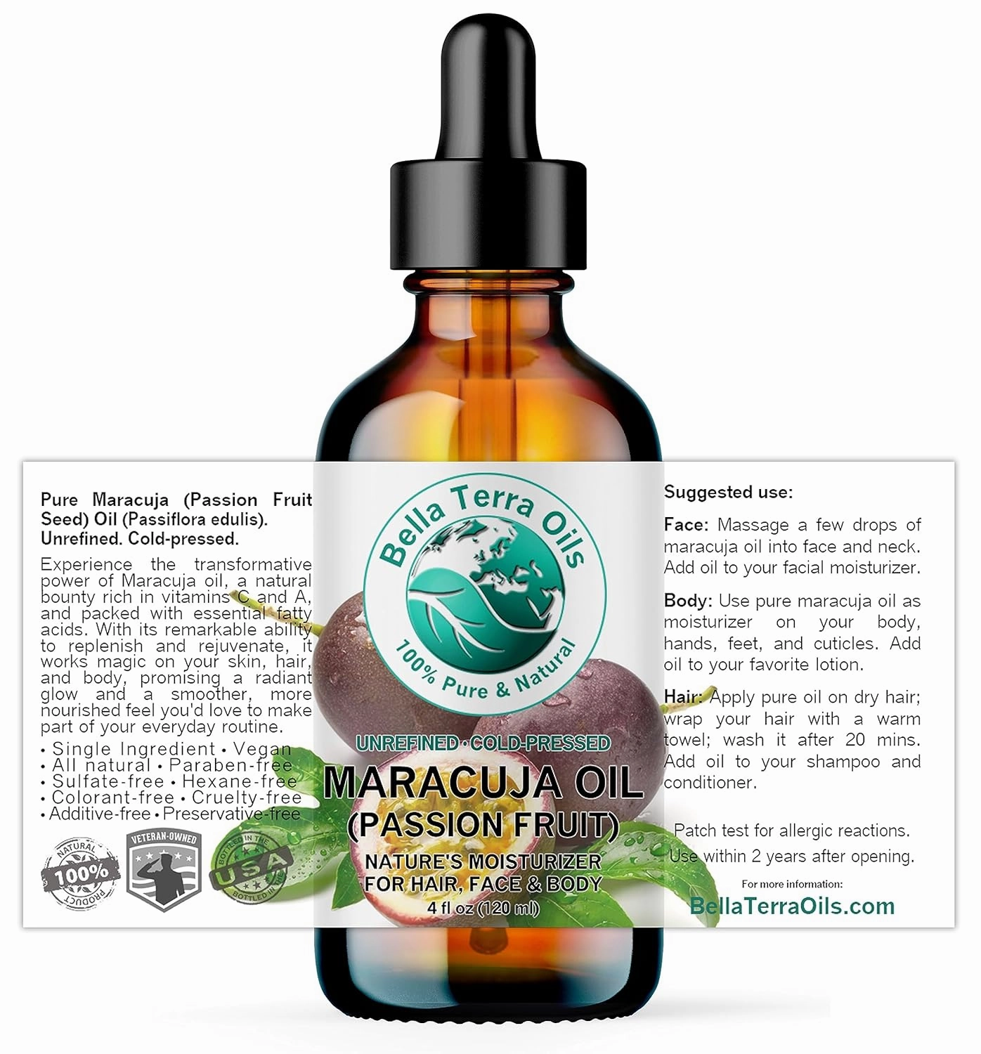 Bella Terra Oils - Maracuja Seed Oil 4 oz - Celebrate the Richness of Passion Fruit, Packed with Vitamin A & Essential Fatty Acids, Unveiling Supple Skin