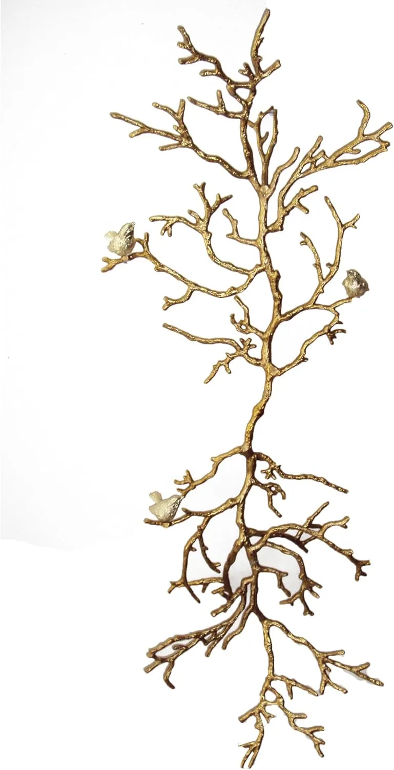 Benjara Branch Shape Aluminum Wall D‹¨«cor with Four Bird Accents, Gold