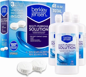 Berkley Jensen Contact Lens Solution, Sterile Multi-Purpose Solution for Soft Contact Lenses, 16 Fl Oz (Pack of 3) Total 48 Fl Oz. Lens Case Included,