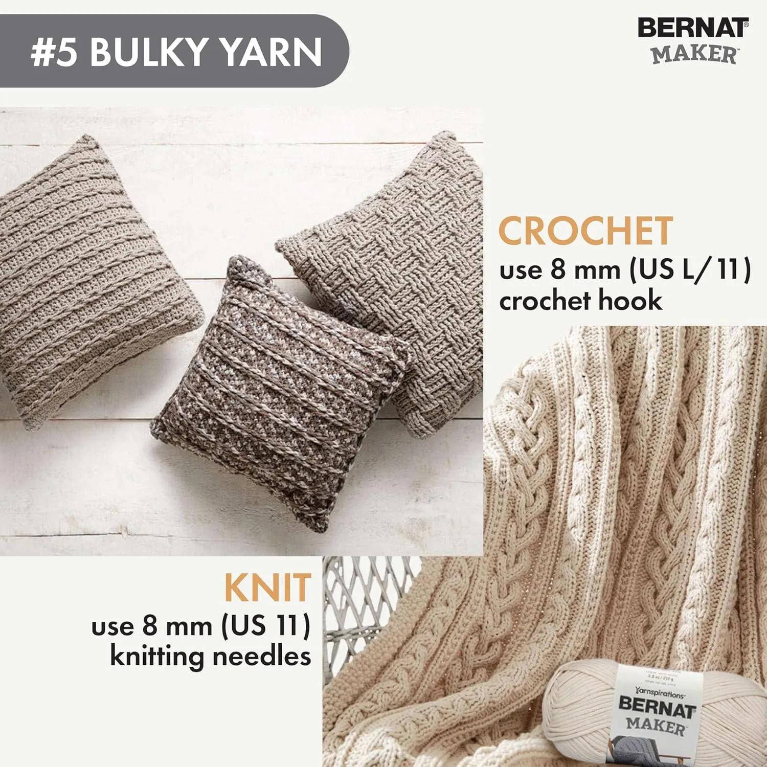 Bernat Maker Soft Peach Yarn - 2 Pack of 250g/8.8oz - 72% Cotton 28% Nylon - #5 Bulky - 290m/317Yards - for Knitting, Crochet and Amigurumi