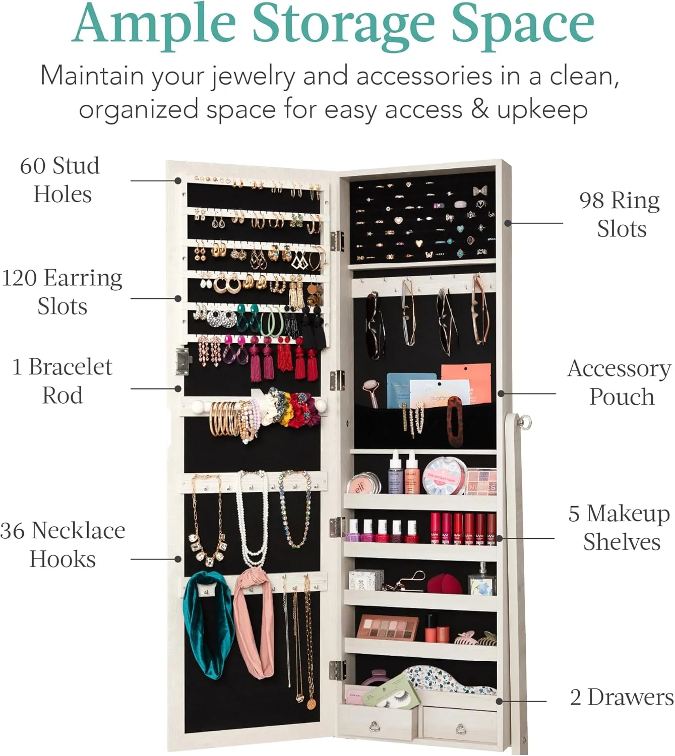 Best Choice Products Freestanding Jewelry Armoire Cabinet, Full Length Standing Mirror, Lockable Makeup Storage Organizer, w/Velvet Lining, 3 Angles, Lock, Accessory Pouch, 5 Shelves - Coastal White