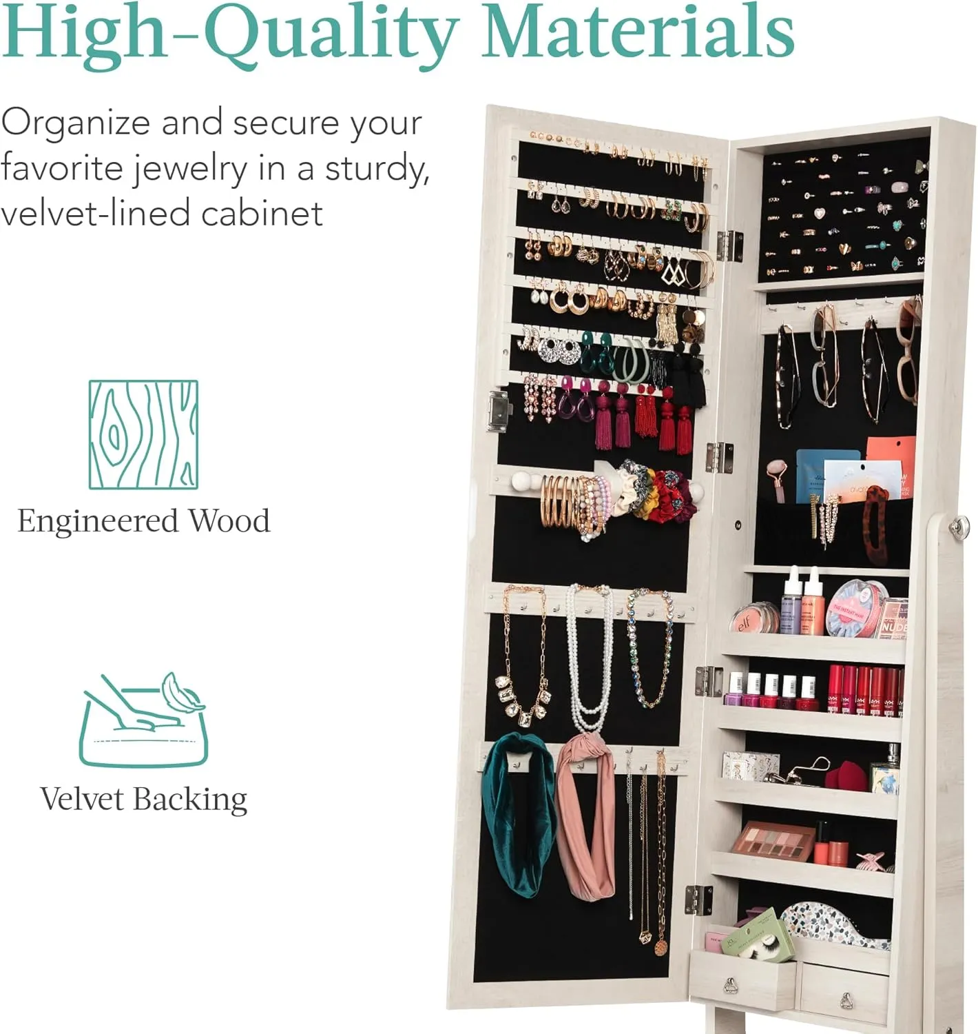 Best Choice Products Freestanding Jewelry Armoire Cabinet, Full Length Standing Mirror, Lockable Makeup Storage Organizer, w/Velvet Lining, 3 Angles, Lock, Accessory Pouch, 5 Shelves - Coastal White