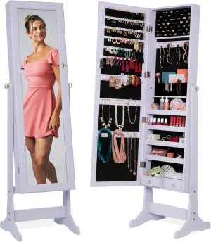 Best Choice Products Freestanding Jewelry Armoire Cabinet, Full Length Standing Mirror, Lockable Makeup Storage Organizer, w/Velvet Lining, 3 Angles, Lock, Accessory Pouch, 5 Shelves - Lavender