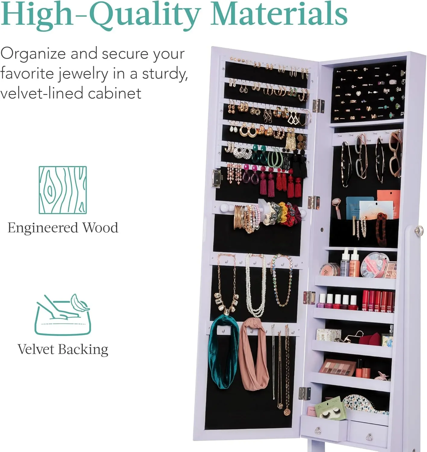 Best Choice Products Freestanding Jewelry Armoire Cabinet, Full Length Standing Mirror, Lockable Makeup Storage Organizer, w/Velvet Lining, 3 Angles, Lock, Accessory Pouch, 5 Shelves - Lavender
