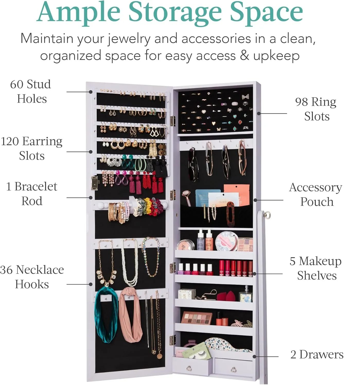 Best Choice Products Freestanding Jewelry Armoire Cabinet, Full Length Standing Mirror, Lockable Makeup Storage Organizer, w/Velvet Lining, 3 Angles, Lock, Accessory Pouch, 5 Shelves - Lavender