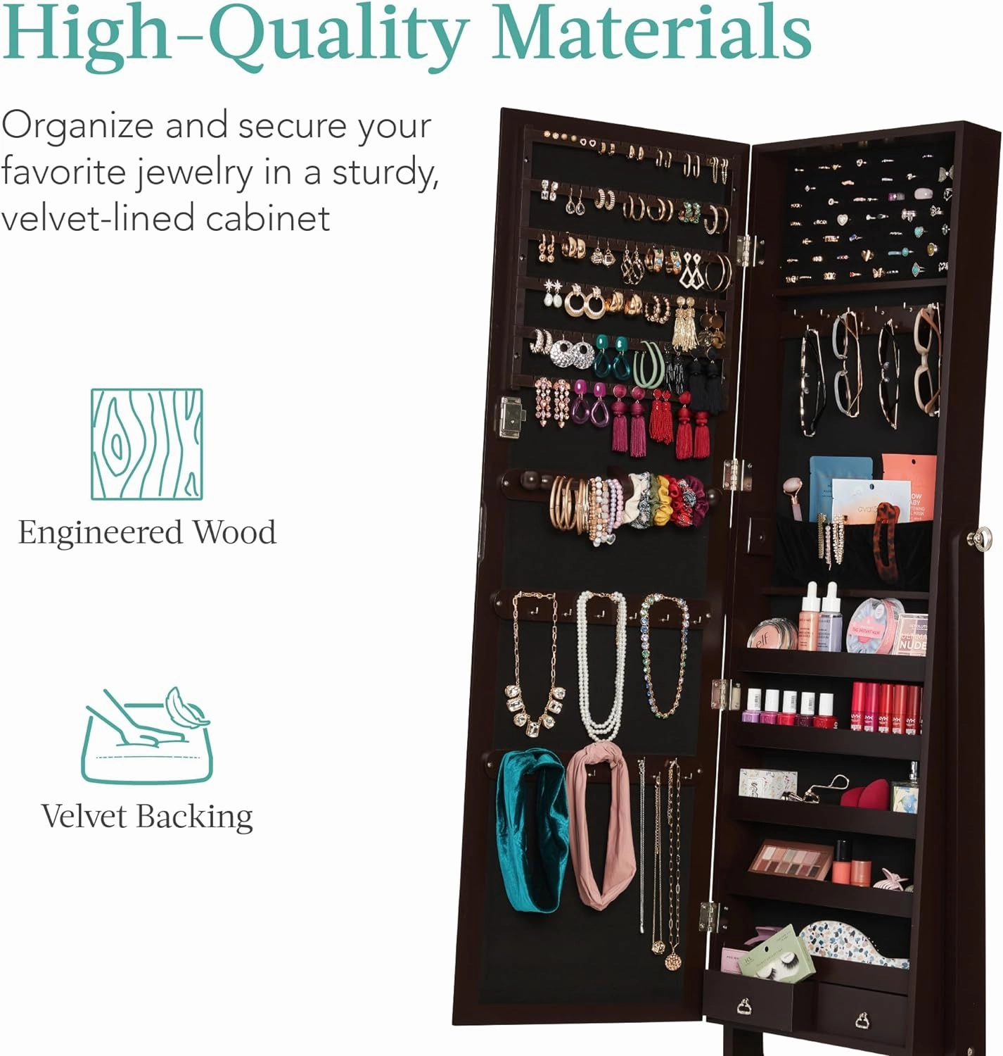 Best Choice Products Freestanding Jewelry Armoire Cabinet, Full Length Standing Mirror, Lockable Makeup Storage Organizer, w/Velvet Lining, 3 Angles, Lock, Accessory Pouch, 5 Shelves - Espresso