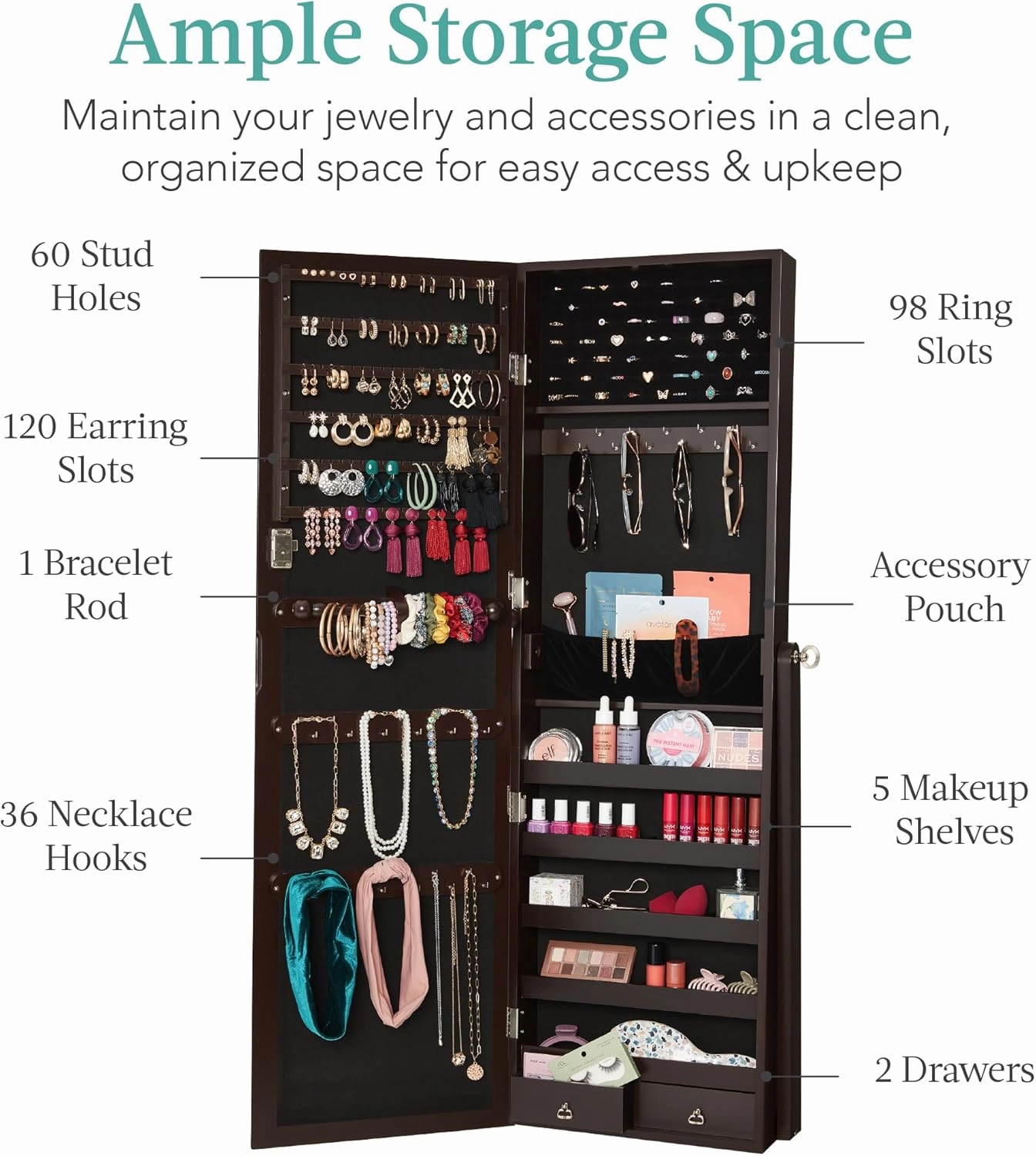 Best Choice Products Freestanding Jewelry Armoire Cabinet, Full Length Standing Mirror, Lockable Makeup Storage Organizer, w/Velvet Lining, 3 Angles, Lock, Accessory Pouch, 5 Shelves - Espresso