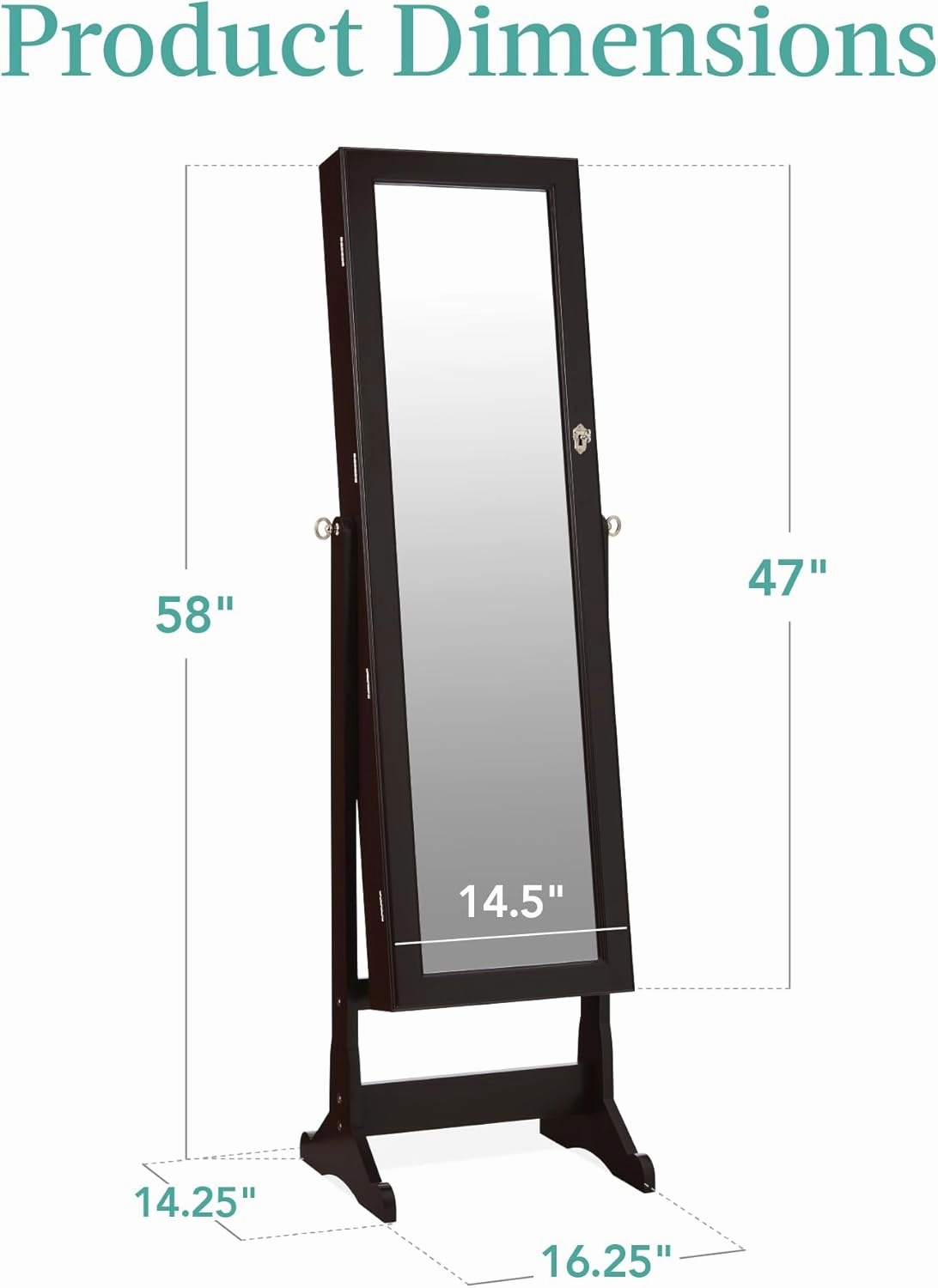 Best Choice Products Freestanding Jewelry Armoire Cabinet, Full Length Standing Mirror, Lockable Makeup Storage Organizer, w/Velvet Lining, 3 Angles, Lock, Accessory Pouch, 5 Shelves - Espresso