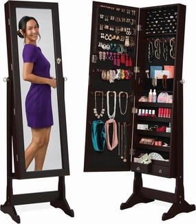 Best Choice Products Freestanding Jewelry Armoire Cabinet, Full Length Standing Mirror, Lockable Makeup Storage Organizer, w/Velvet Lining, 3 Angles, Lock, Accessory Pouch, 5 Shelves - Espresso