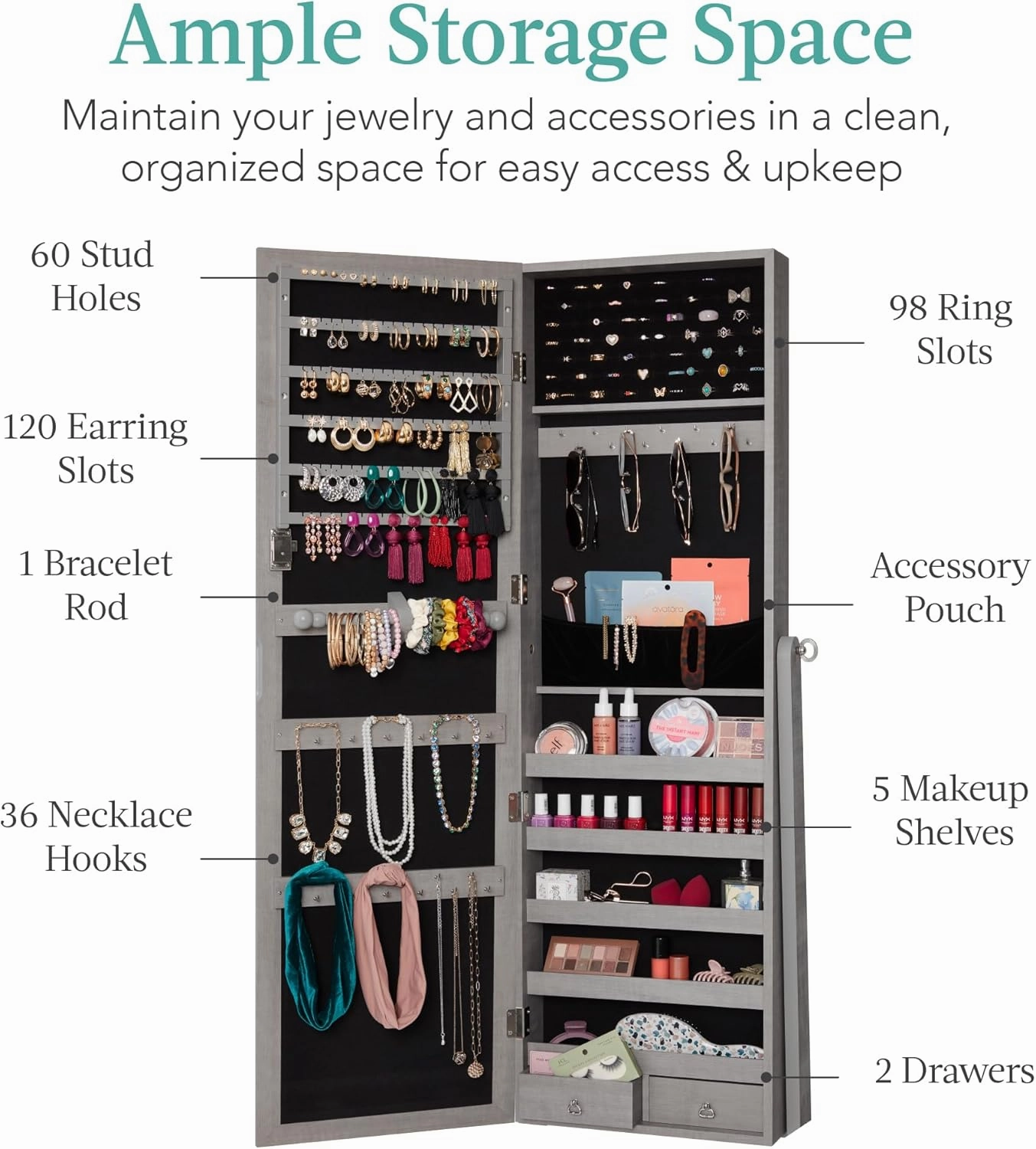 Best Choice Products Freestanding Jewelry Armoire Cabinet, Full Length Standing Mirror, Lockable Makeup Storage Organizer, w/Velvet Lining, 3 Angles, Lock, Accessory Pouch, 5 Shelves - Gray Oak