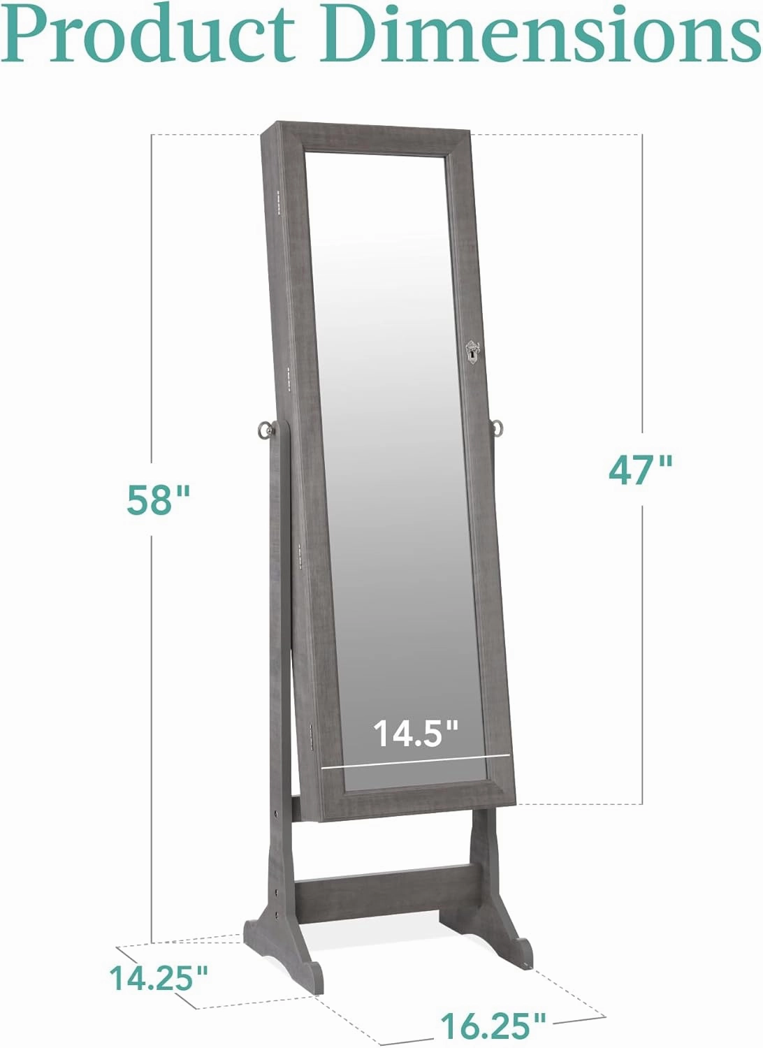 Best Choice Products Freestanding Jewelry Armoire Cabinet, Full Length Standing Mirror, Lockable Makeup Storage Organizer, w/Velvet Lining, 3 Angles, Lock, Accessory Pouch, 5 Shelves - Gray Oak