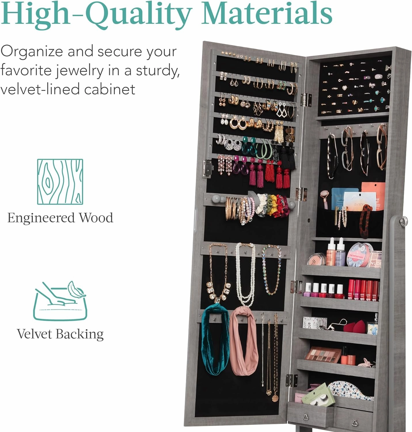 Best Choice Products Freestanding Jewelry Armoire Cabinet, Full Length Standing Mirror, Lockable Makeup Storage Organizer, w/Velvet Lining, 3 Angles, Lock, Accessory Pouch, 5 Shelves - Gray Oak
