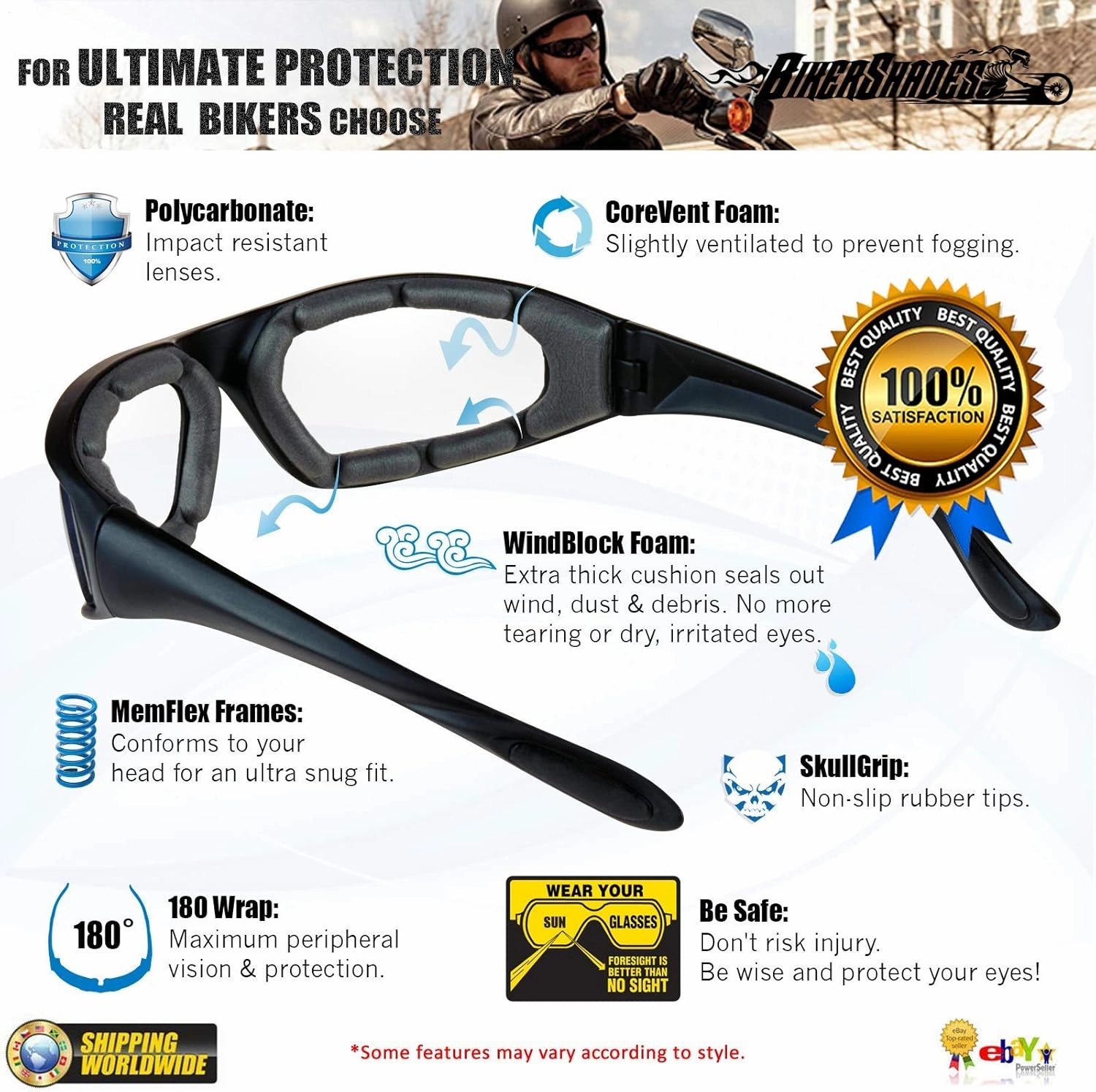 Bikershades Motorcycle Night Glasses Safety Clear Lens Foam Padded for Men and Women