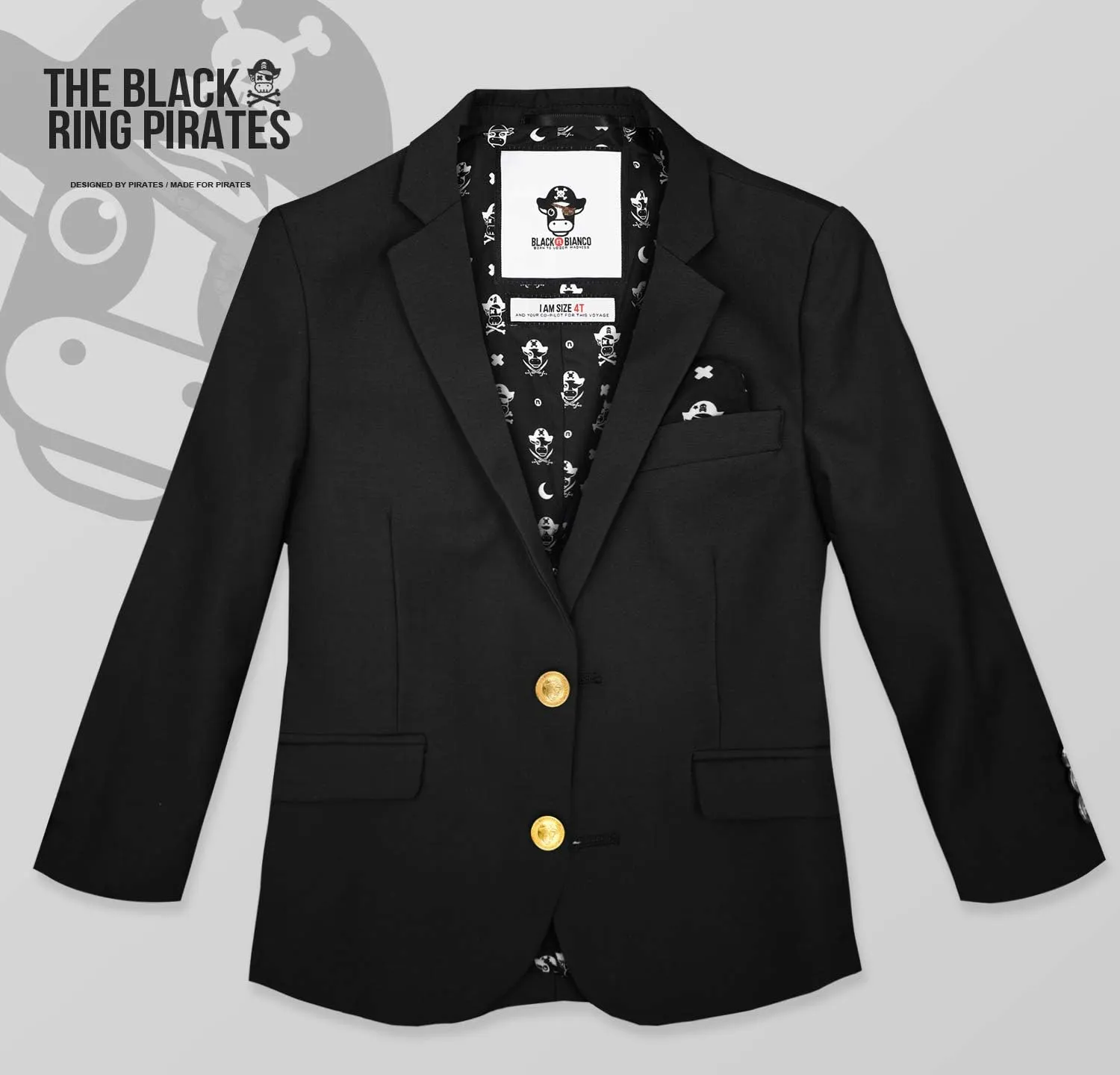 Black n Bianco Boys' Golden Age Slim Fit Blazer Jacket with Brass Buttons Presented by The Black Ring Pirates