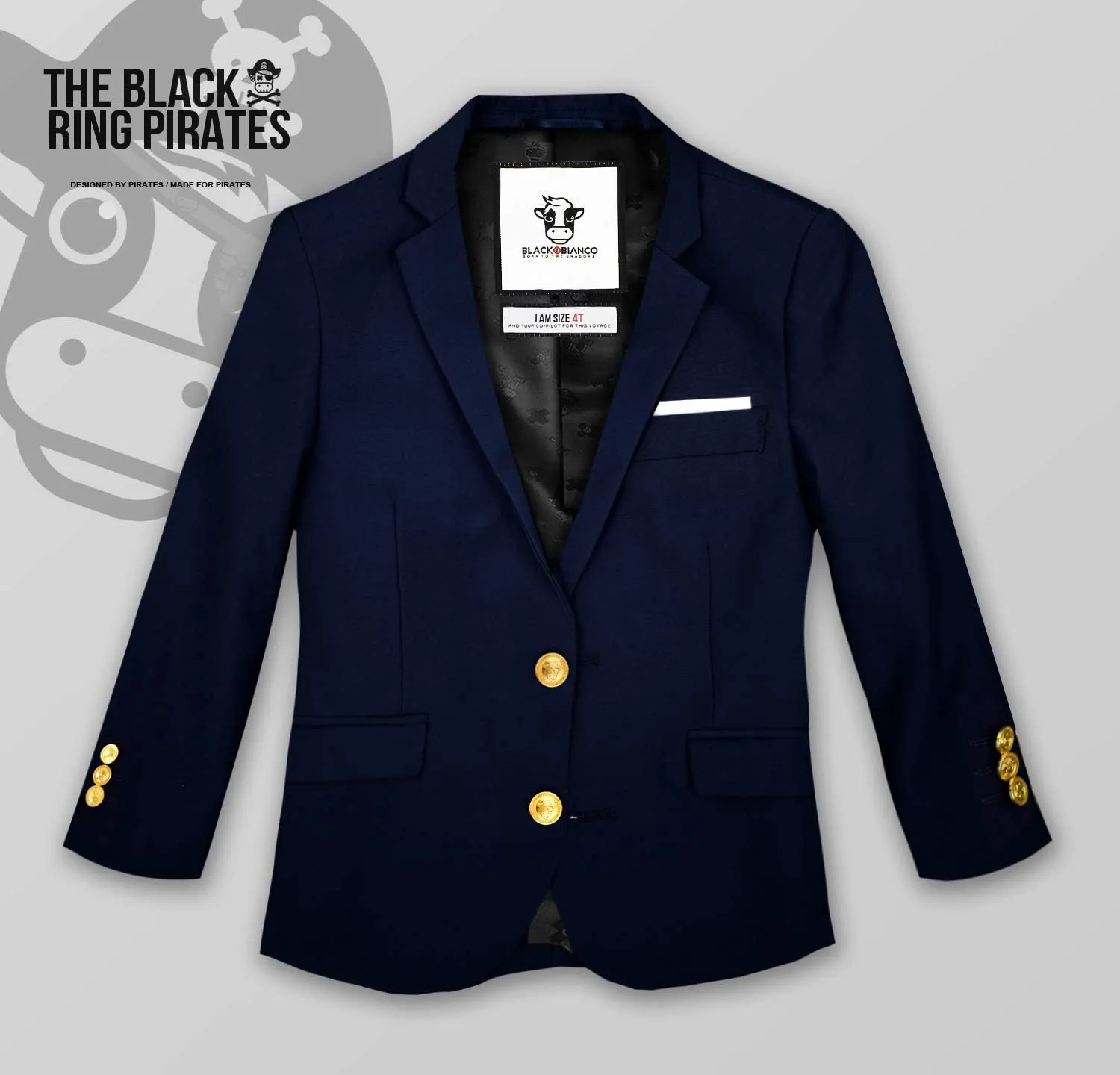 Black n Bianco Boys' Golden Age Slim Fit Blazer Jacket with Brass Buttons Presented by The Black Ring Pirates