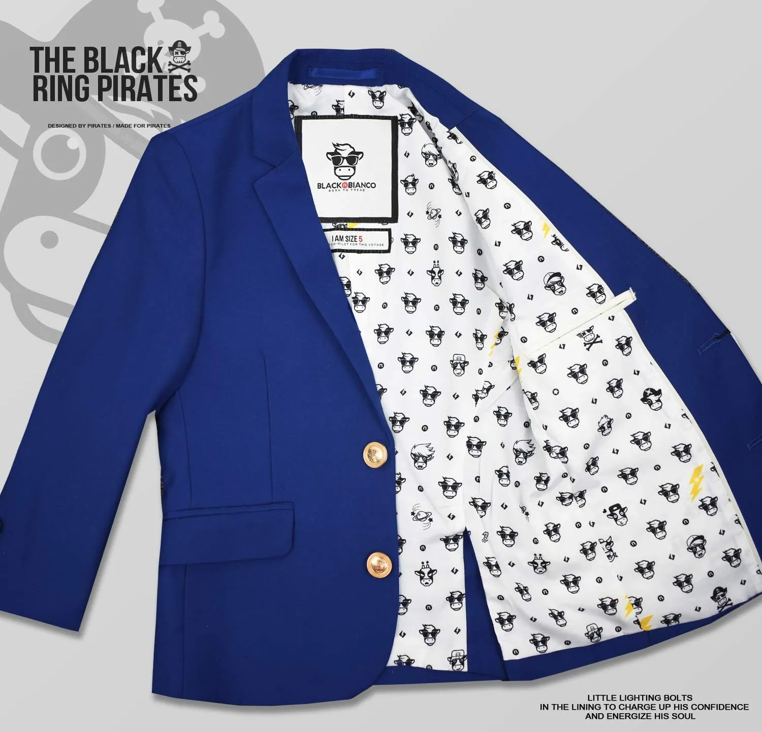 Black n Bianco Boys' Golden Age Slim Fit Blazer Jacket with Brass Buttons Presented by The Black Ring Pirates