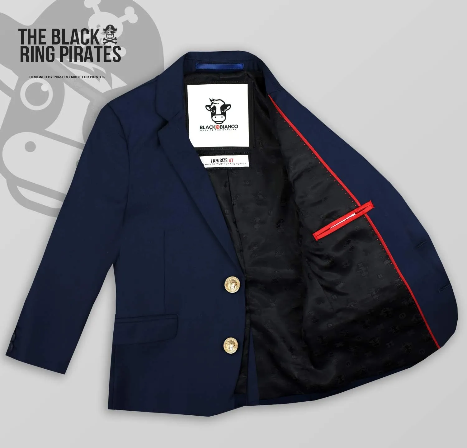 Black n Bianco Boys' Golden Age Slim Fit Blazer Jacket with Brass Buttons Presented by The Black Ring Pirates