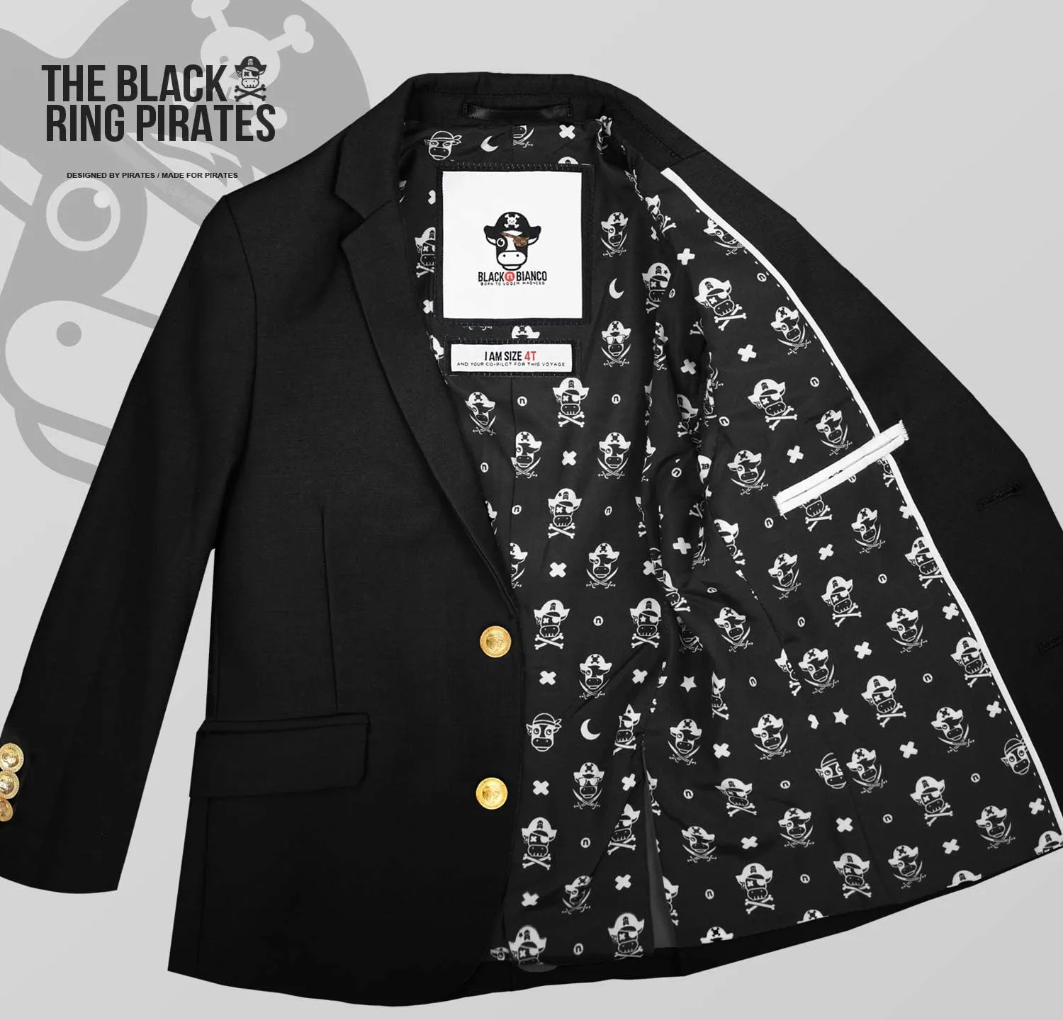 Black n Bianco Boys' Golden Age Slim Fit Blazer Jacket with Brass Buttons Presented by The Black Ring Pirates