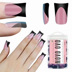 Black French Tip Short Duck Nail Tips Press on, BERRY PINK Pre-designed Soft Gel Nail Extension, Extra thick Full Cover Matte Vrial False Nails for DIY x 12 Sizes 240 pcs