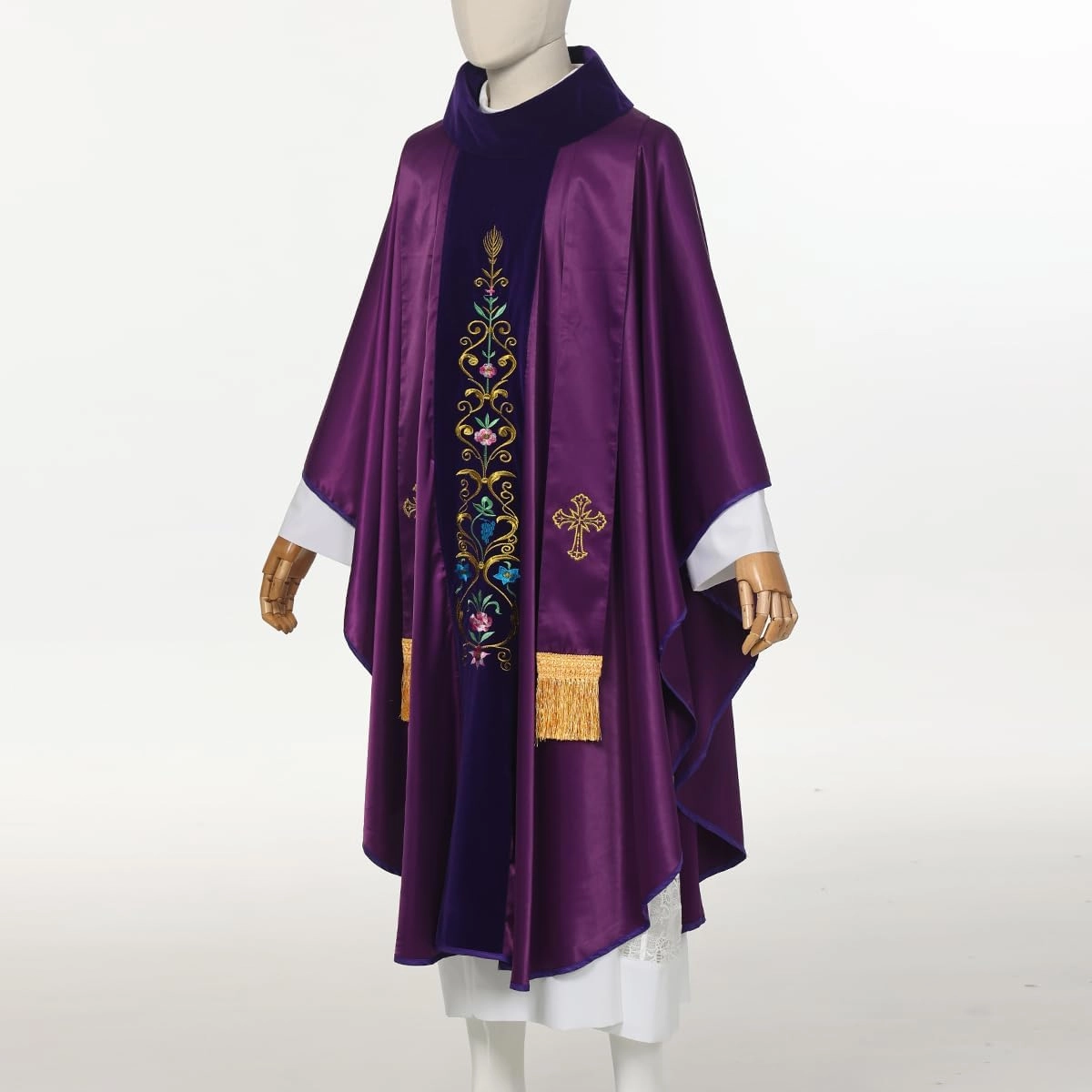 BLESSUME Priest Marian Gothic Chasuble with Embroidered Floral Vine Velvet Orphrey