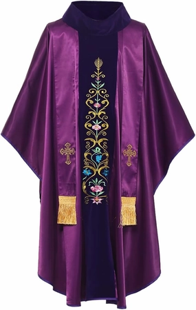 BLESSUME Priest Marian Gothic Chasuble with Embroidered Floral Vine Velvet Orphrey