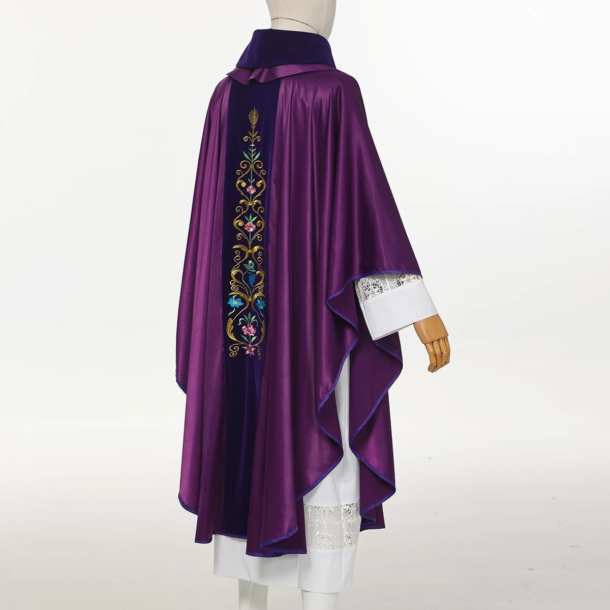 BLESSUME Priest Marian Gothic Chasuble with Embroidered Floral Vine Velvet Orphrey
