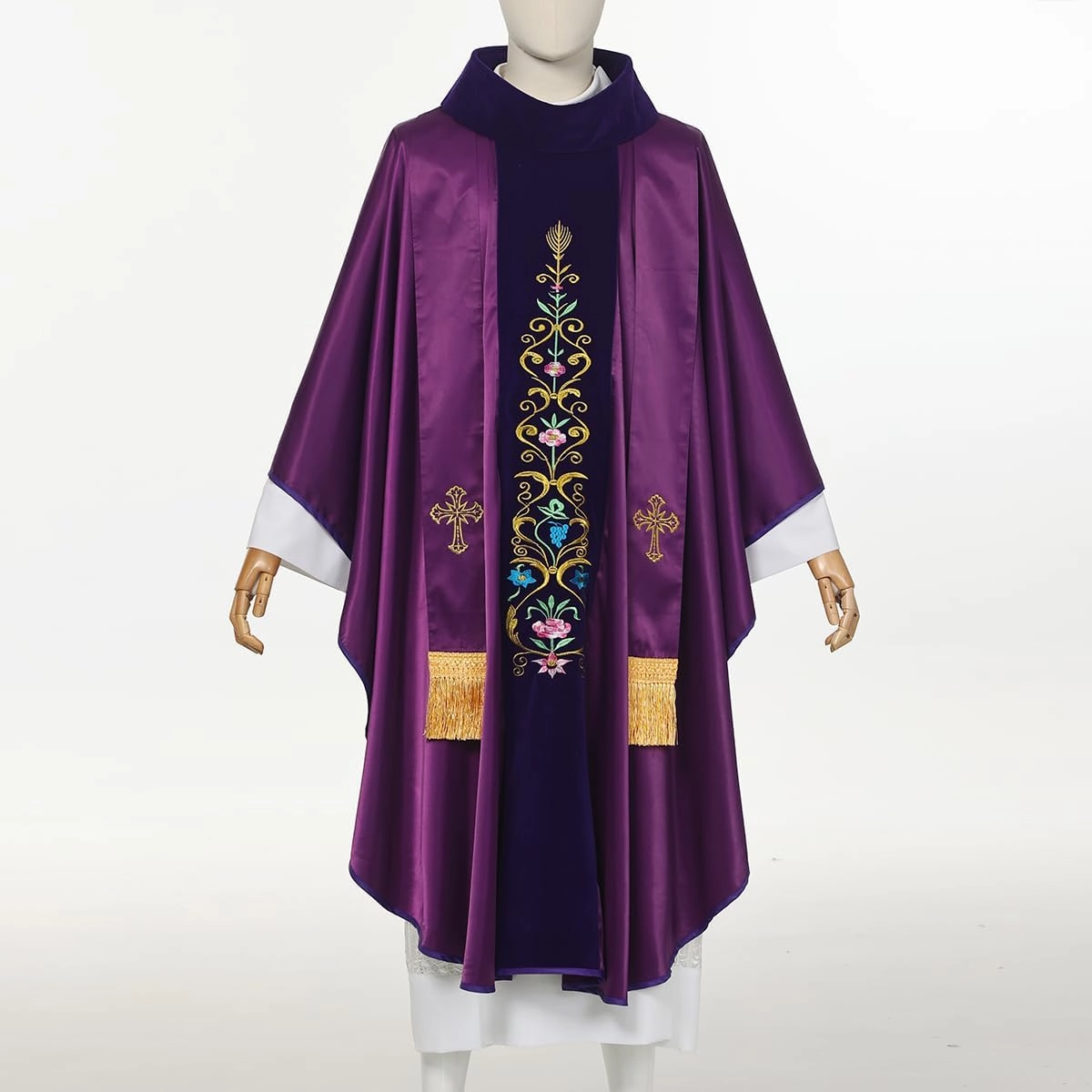 BLESSUME Priest Marian Gothic Chasuble with Embroidered Floral Vine Velvet Orphrey