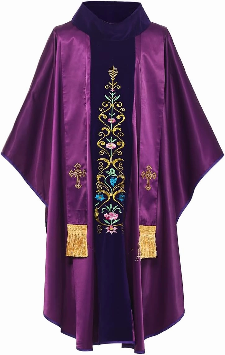 BLESSUME Priest Marian Gothic Chasuble with Embroidered Floral Vine Velvet Orphrey