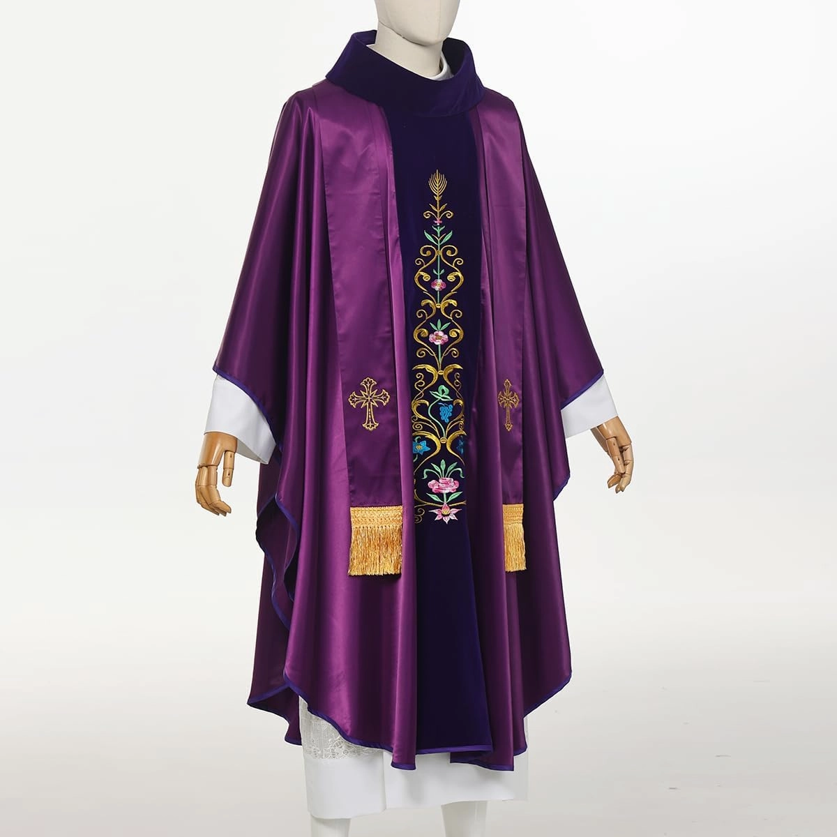 BLESSUME Priest Marian Gothic Chasuble with Embroidered Floral Vine Velvet Orphrey