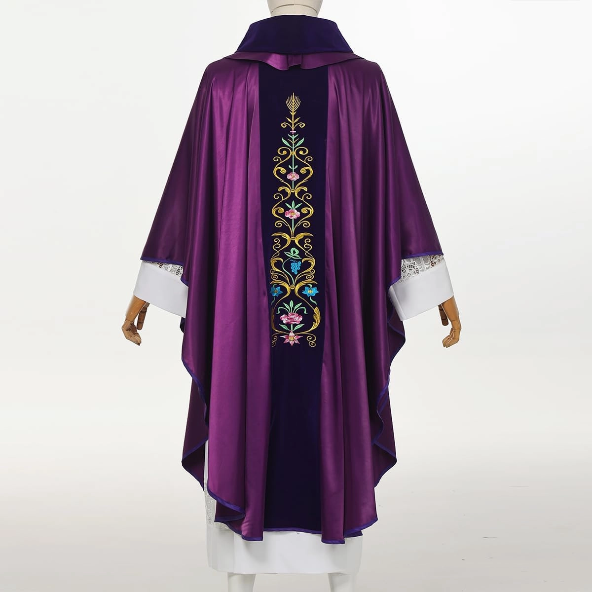 BLESSUME Priest Marian Gothic Chasuble with Embroidered Floral Vine Velvet Orphrey