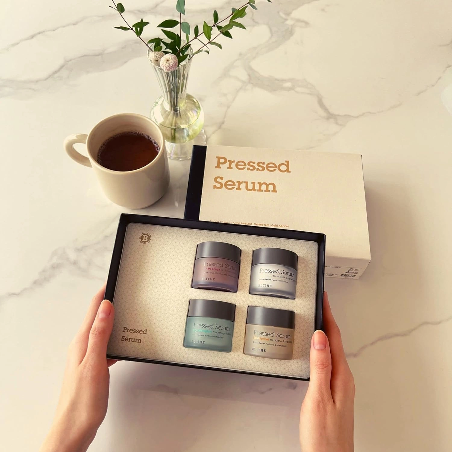 Blithe Pressed Serum Deluxe Collection Face Moisturizer - Hypoallergenic Facial Creams with Ingredients of Chaga Iceplant Yam & Apricot - Korean Beauty for All Seasons (Box Set 4pcs of 0.74 Fl Oz)