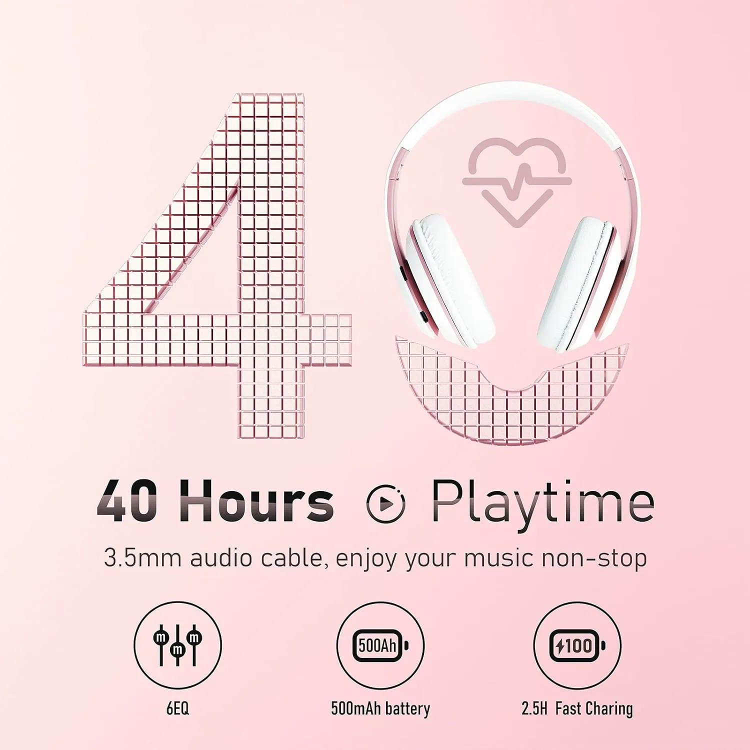 Bluetooth Headphones Over Ear, 6S Foldable Wireless Headphones with 6 EQ Modes, 40 Hours Playtime HiFi Stereo Headset with Mic, Soft Ear Pads, TF/FM for Cellphone/PC/Home (White & Rose Gold)