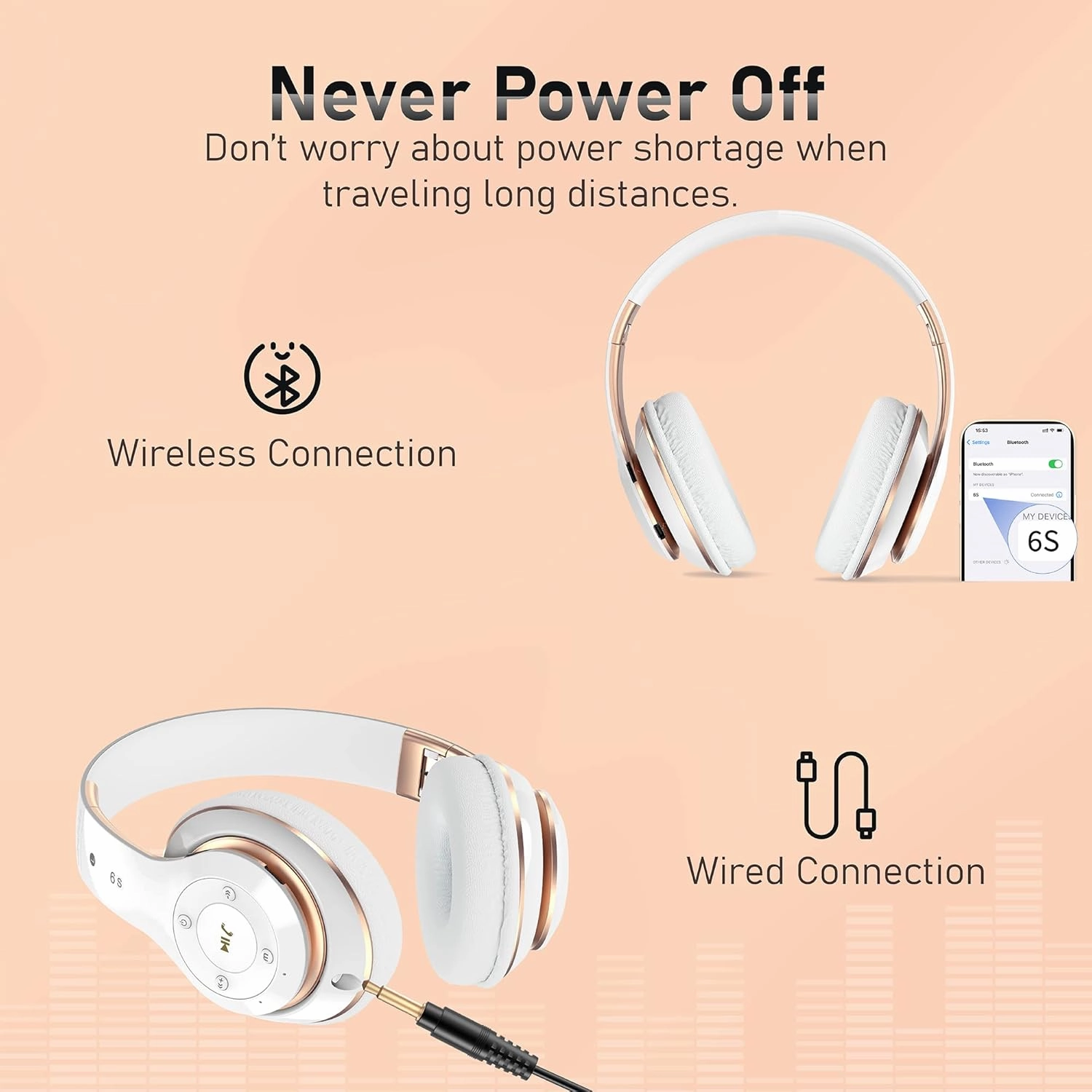 Bluetooth Headphones Over Ear, 6S Foldable Wireless Headphones with 6 EQ Modes, 40 Hours Playtime HiFi Stereo Headset with Mic, Soft Ear Pads, TF/FM for Cellphone/PC/Home (White & Gold)