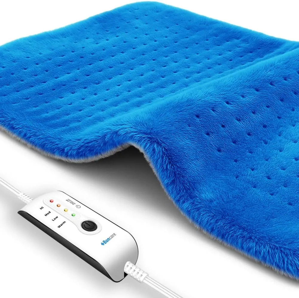 Boncare® Large Heating Pad for Back Pain Relief and Cramps with Auto Shut Off & 4 Temperature Settings, Fast Heat up Instant Comfort and Ultra Soft Velvet Plush Machine Washable (Blue, 11"x20")