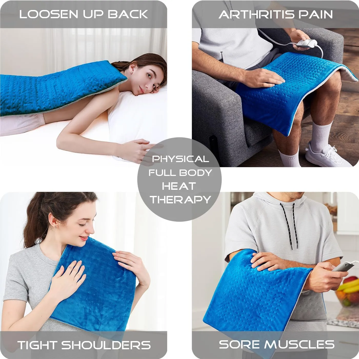Boncare® Large Heating Pad for Back Pain Relief and Cramps with Auto Shut Off & 4 Temperature Settings, Fast Heat up Instant Comfort and Ultra Soft Velvet Plush Machine Washable (Blue, 11"x20")