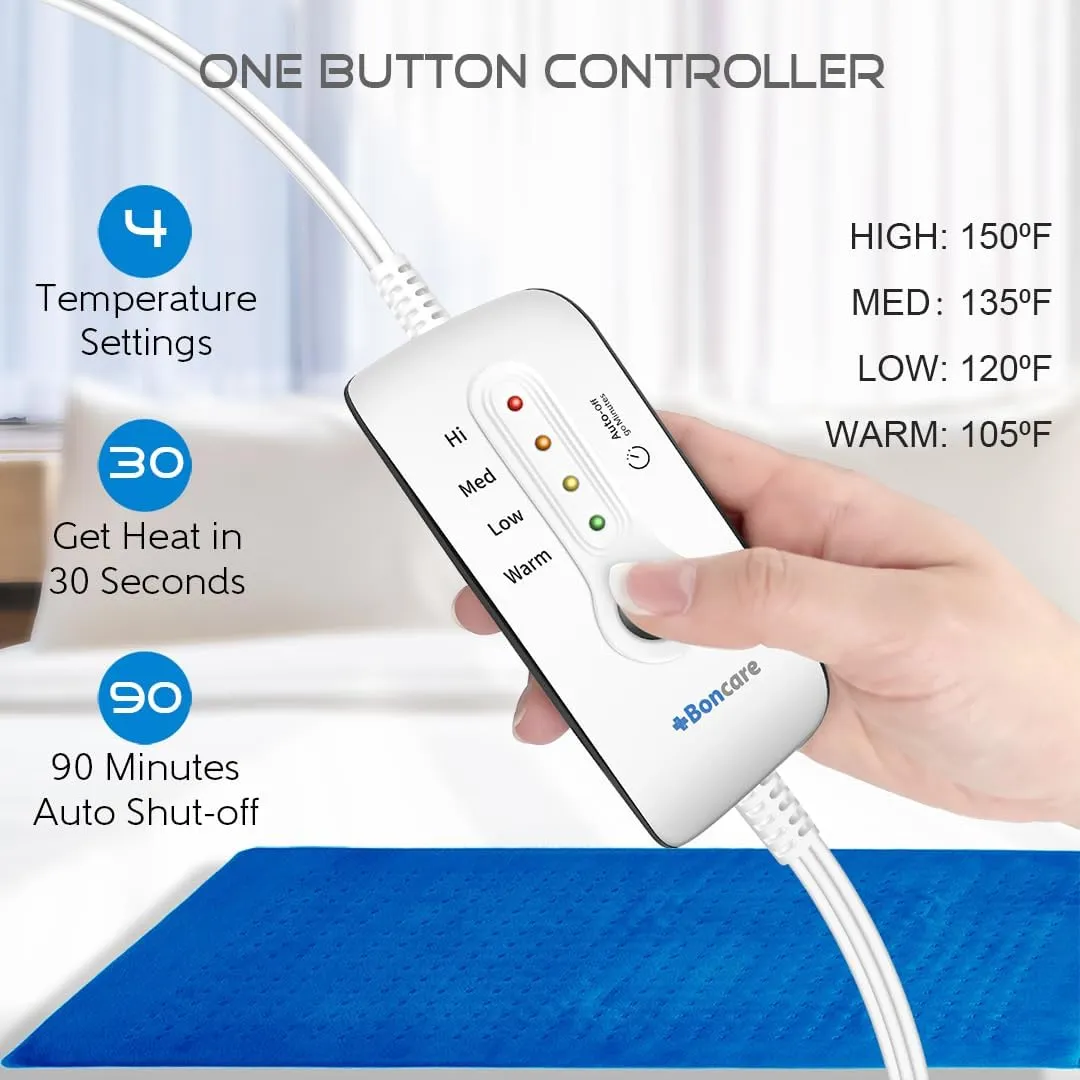Boncare® Large Heating Pad for Back Pain Relief and Cramps with Auto Shut Off & 4 Temperature Settings, Fast Heat up Instant Comfort and Ultra Soft Velvet Plush Machine Washable (Blue, 11"x20")