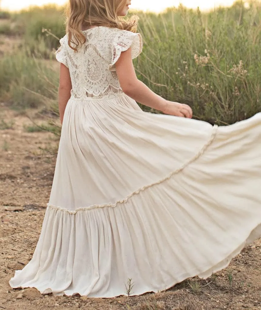 Bow Dream Off White Peach Vintage Lace Sleeveless Flower Girl's Dress