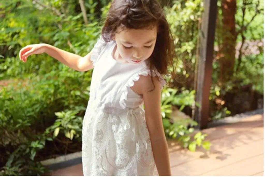 Bow Dream Off White Peach Vintage Lace Sleeveless Flower Girl's Dress