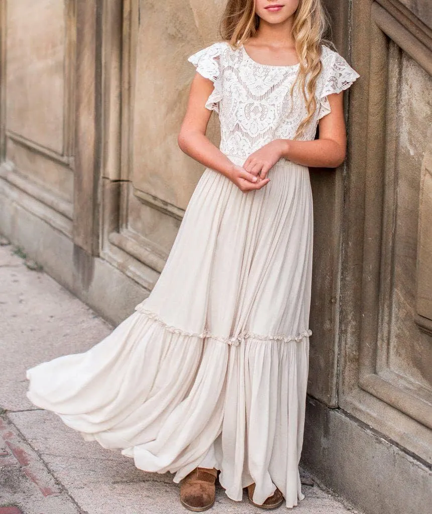 Bow Dream Off White Peach Vintage Lace Sleeveless Flower Girl's Dress