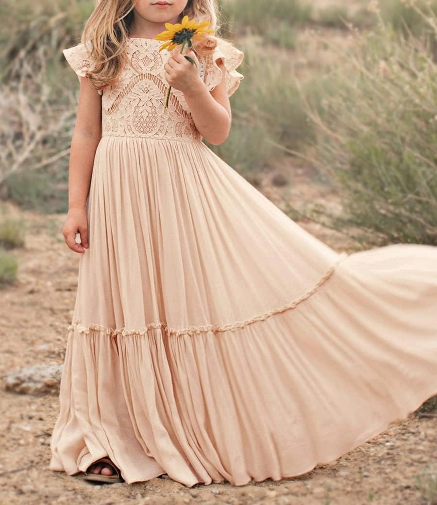Bow Dream Off White Peach Vintage Lace Sleeveless Flower Girl's Dress