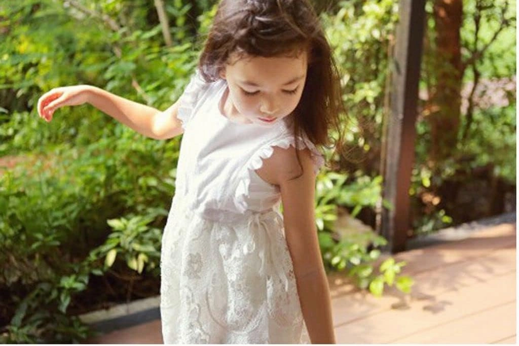 Bow Dream Off White Peach Vintage Lace Sleeveless Flower Girl's Dress