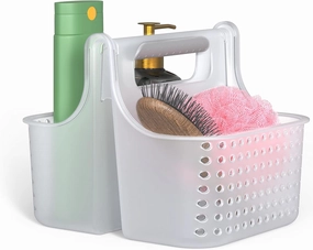 Brookstone, Portable Shower Caddy, Bathroom Organizer Basket, Perfect Size for Dorm/College, Plastic Bath Tote, Dries Quickly with Drainage Holes, Soft Grip Carrying Handle, Frosted Clear